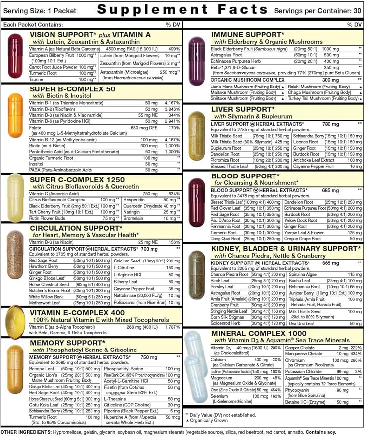 Omega Start All-in-One Daily Multivitamin Pack | Organ Health &amp Detox | Milk Thistle Dandelion Chanca Piedra &amp Nettle | 30-Day Supply