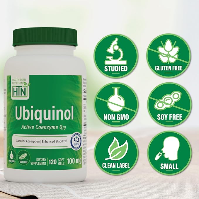 Health Thru Nutrition Ubiquinol 100mg 120 Softgels as Kaneka QH Reduced CoQ-10 | Stabilized - 3rd Party Tested | Enhanced Bioavailability | Cardiovascular &amp Mitochondria Function Support | Non-GMO