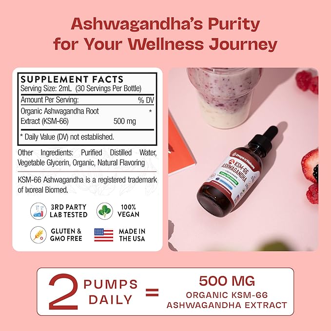 Drops Of Nature KSM-66 Ashwagandha Liquid Drops (Mixed Berry 60ml) &amp Magnesium Glycinate &amp Ashwagandha Drops (Mixed Berry 60mL) – Vegan Fast-Absorbing – Daily Support for Clarity Calm &amp