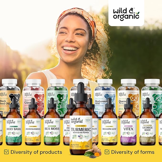Wild &amp Organic Turmeric Curcumin Supplement with Black Pepper - Movement &amp Immune Support - Liquid Turmeric Curcumin with Black Pepper - Add to Tea Drops - Vegan Sugar &amp Alcohol-Free Tinc
