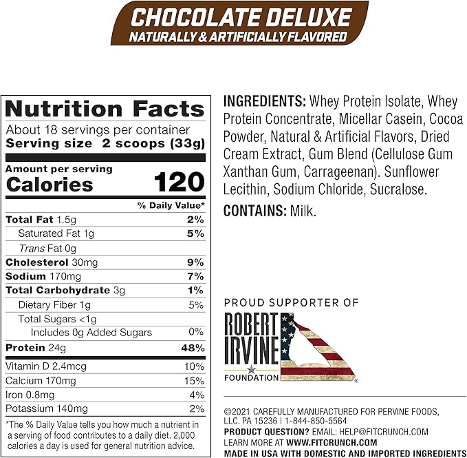FITCRUNCH Tri-Blend Whey Protein Keto Friendly Low Calories High Protein Gluten Free Soy Free (18 Servings Chocolate Deluxe)