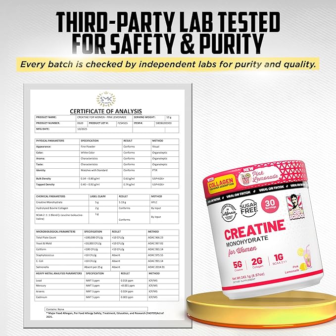 Old School Labs 5g Creatine Monohydrate Powder with Collagen &amp BCAA ∣ Women's Post-Workout Formula for Muscle Repair &amp Recovery Energy &amp Lean Muscle Support 30 Servings Pink Lemonade