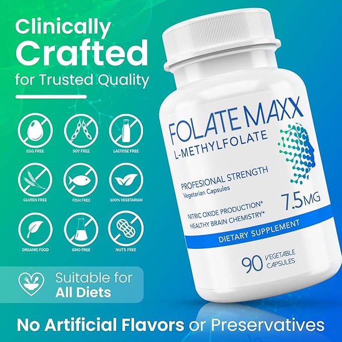 L Methylfolate 7.5mg – Methylfolate Supplement for Women &amp Men – High Potency Methylated Vitamin B9 5-MTHF for Energy Mood &amp Focus – Non-GMO Gluten-Free 90 Capsules (3-Month Supply)