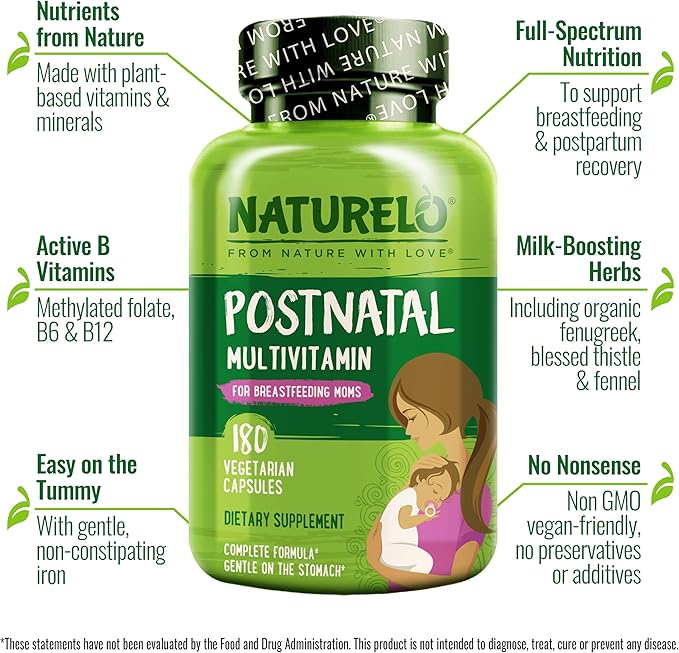 NATURELO Postnatal Multivitamin - Supplement for Breastfeeding Women - Plant-Based Vitamin D Folate Gentle Iron - for Nursing Mother Baby - Post Natal Lactation Support 180 Capsules