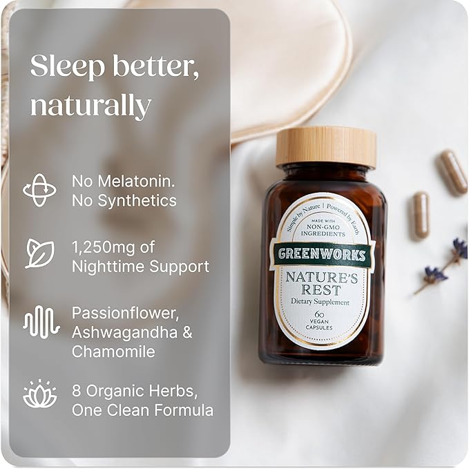 Greenworks Nature's Rest Melatonin-Free Sleep Aid Organic Herbal Blend with Ashwagandha Valerian Chamomile &amp Passionflower Non-Habit Forming Vegan Capsules for Restful Sleep 60 Count