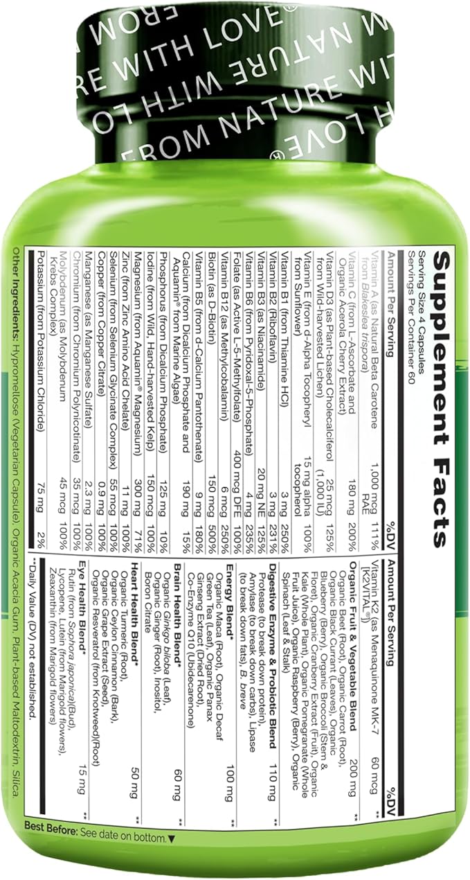 NATURELO Mens Multivitamins - Whole Food Multivitamin for Men with Vitamins Minerals - 240 Vegetarian Capsules for Energy Brain Heart Eye Health*