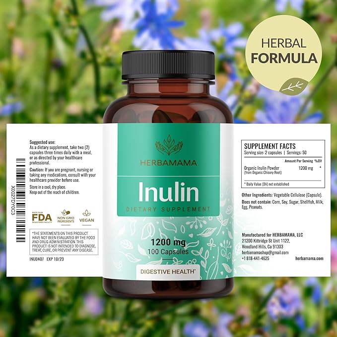 HERBAMAMA Inulin Powder Capsules 1200mg - Digestive Support &amp Gut Cleanse with Inulin Prebiotic Fiber - Vegan Non-GMO Chicory Root Powder Supplement (Pack of 2)