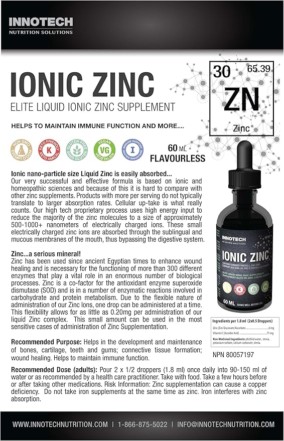 Innotech Nutrition Liquid Ionic Zinc Immune Function &amp Skin Health Support High Absorption Zinc Gluconate &amp Ascorbate 60 ml