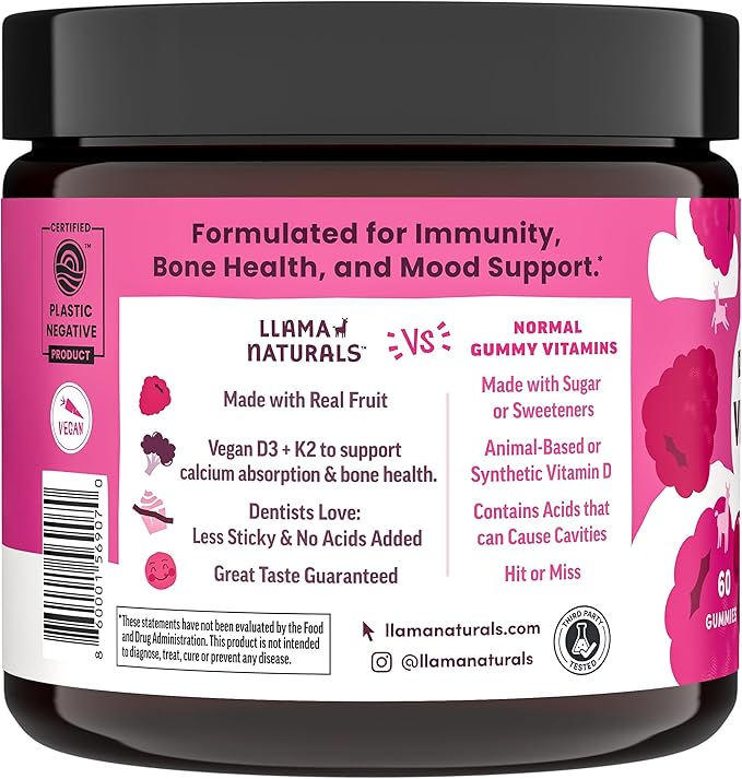 Llama Naturals Vitamin D3 Vegan Organic Immune Support Supplement Vitamin D Gummies for Adults and Kids Real Fruit Gummy Vitamins Promotes Bone Health No Added Sugar Cane Raspberry 60 Ct