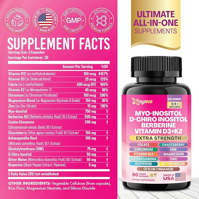 Myo Inositol Supplement 750mg Berberine 500mg D-Chiro Inositol 50mg Folate 400mcg Chromium 100mcg Ceylon Cinnamon 200mg Ashwagandha 100mg DIM 75mg Vitex Chasteberry 150mg 90 Capsules (2 Pack)