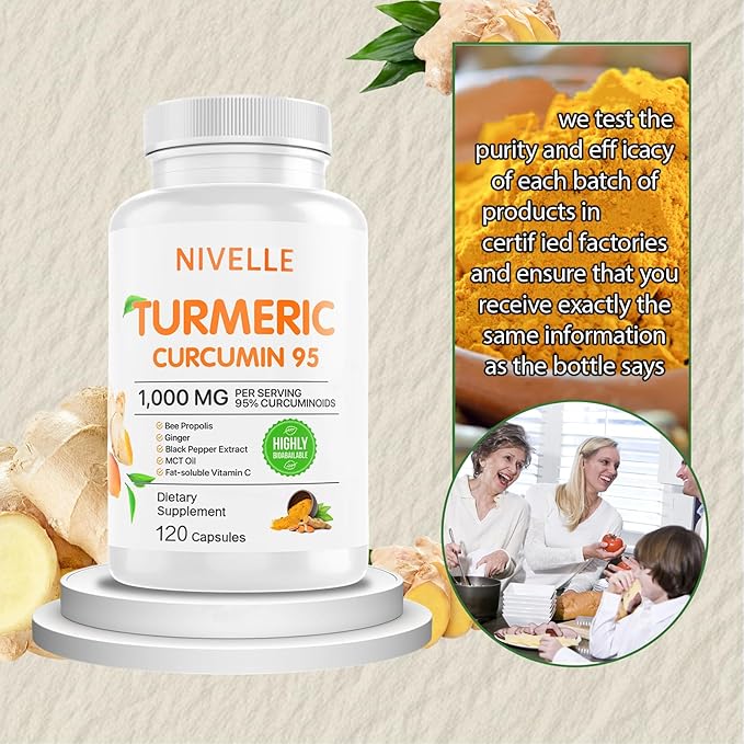 NIVELLE Pure Turmeric Curcumin Supplement 1000mg | 95% Curcuminoids with Bee Propolis Ginger MCT Oil Fat Soluble Vitamin C &amp Black Pepper | Non-GMO Gluten Free | 120 Capsules