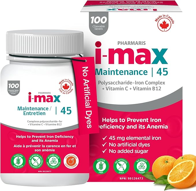 i-max Maintenance Iron Supplement 45mg Elemental Iron-Polyschaccaride Complex + Vitamin C &amp B12 Iron Supplement for Women &amp Men No Artificial Dyes Orange Flavor 100 Chewable Tablets