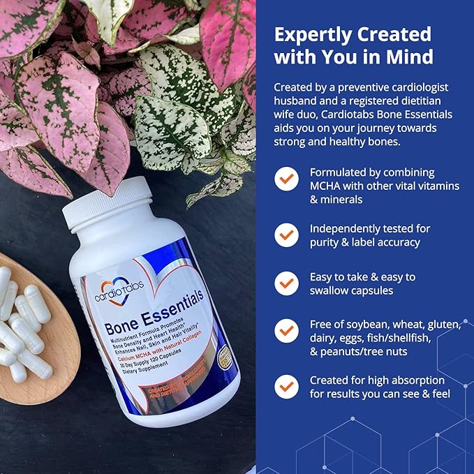 Bone Essentials with MCHA &amp Collagen Calcium Supplement w/Calcium Hydroxyapatite for High Absorption Bone Density and Heart Supplement w/Vitamins Minerals &amp Proteins 120 Capsules