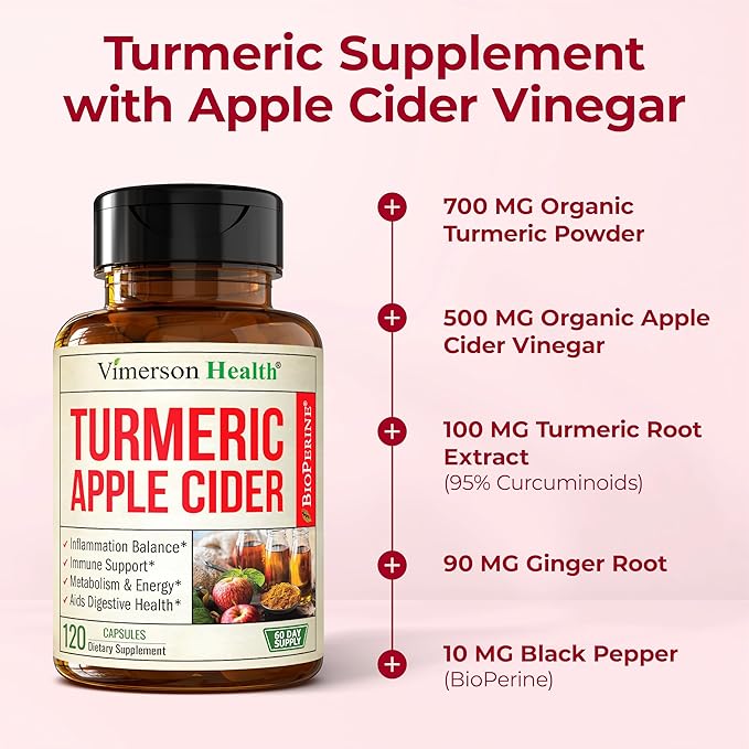 Organic Apple Cider Vinegar with Turmeric Curcumin Supplement &amp Ginger for Digestive Health Metabolism Energy &amp Joint Support – Organic Turmeric &amp Apple Cider Vinegar Capsules – 120 Vega
