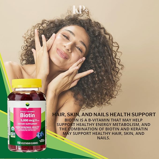 KP+ Biotin | Biotin 5000 mcg Gummies | Supports Hair Skin &amp Nail Health | 150 Vegetarian Gummies | Blueberry Flavor | Pack of 2