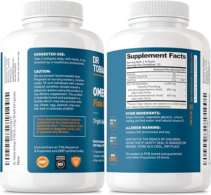 Dr. Tobias Omega 3 Fish Oil 2000mg Triple Strength with 800mg EPA 600mg DHA Per Serving | Fish Oil Omega 3 Supplements for Heart Brain &amp Immune Support - 180 Softgels (90 Servings)