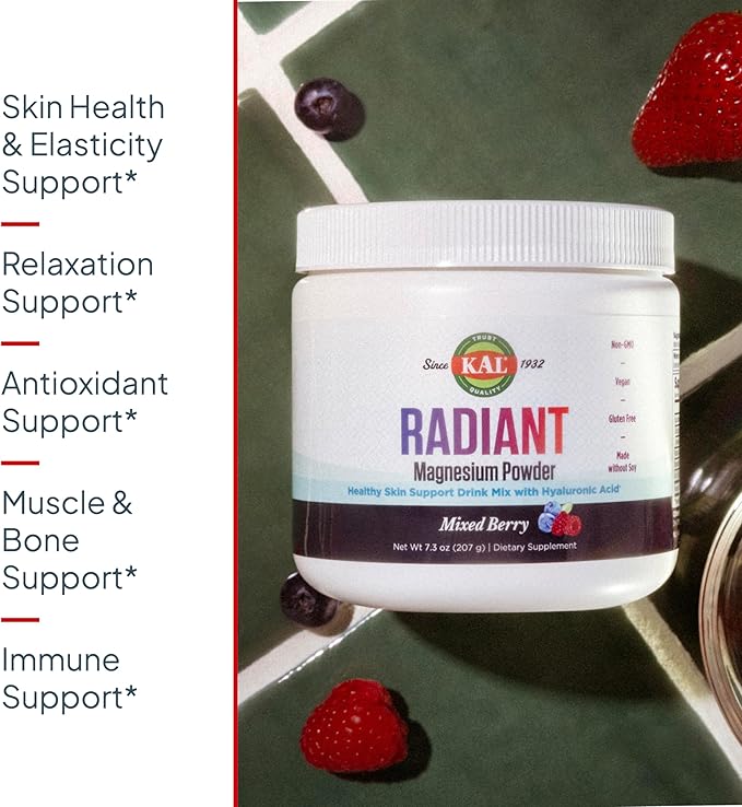 KAL Radiant Magnesium Powder Mixed Berry Flavor Hyaluronic Acid and Magnesium Supplement Skin &amp Antioxidant Support Sugar Free 60 Servings 7.3 OZ