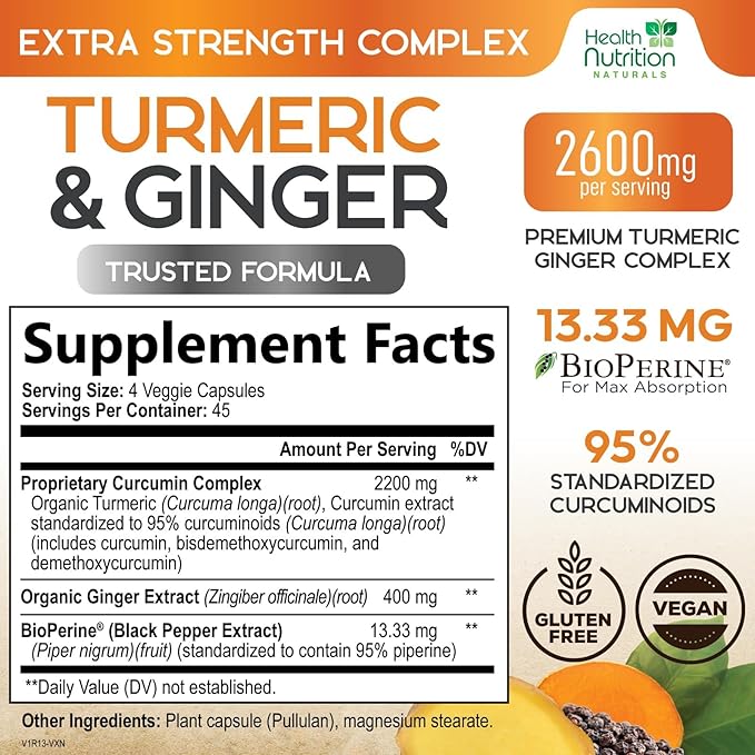 Turmeric Curcumin Supplement - 2200mg Curcumin Complex &amp 400mg Organic Ginger per Serving - 95% Curcuminoids &amp BioPerine Black Pepper for Best Absorption &amp Joint Support Bottled in USA -