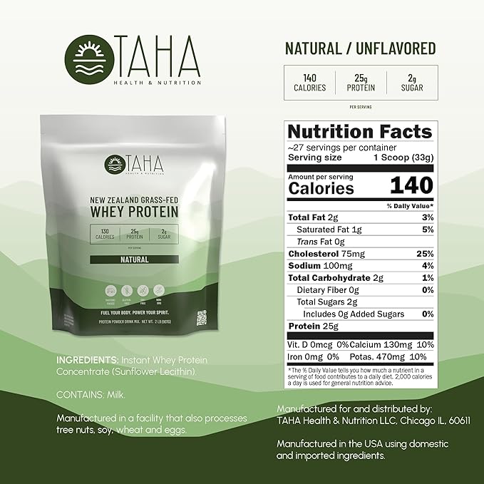 Taha Health &amp Nutrition Natural Unflavored Whey Protein Concentrate Powder 25g Protein 140 Calories 2g Sugar | New Zealand Grass-Fed Free-Range Dairy | Gluten and Soy Free Keto Kosher | 2LB