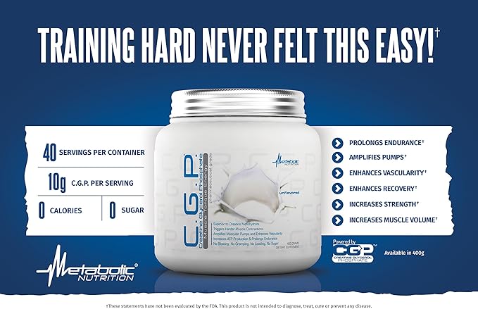 Metabolic Nutrition CGP Creatine Glycerol Phosphate 100% Micronized Creatine Powder Pre Intra Post Workout Supplement Blue Raspberry 400 Grams (40 Servings)