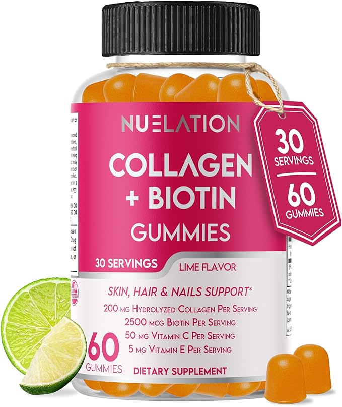 Hydrolyzed Collagen Gummies for Women &amp Men Hair Skin and Nails Support Biotin Collagen Gummies with Vitamins C E &amp Zinc Biotin 2500mcg Lime Flavor Gluten Free Non-GMO 60 Gummies