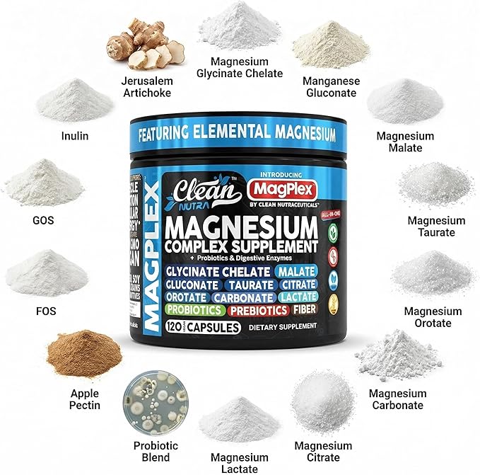 8in1 Magnesium Supplement Complex | Magnesium Glycinate Citrate Malate Gluconate Orotate Carbonate Lactate + Prebiotics Probiotics Digestive Enzymes Magnesio Capsules for Women Men By Clean Nutra