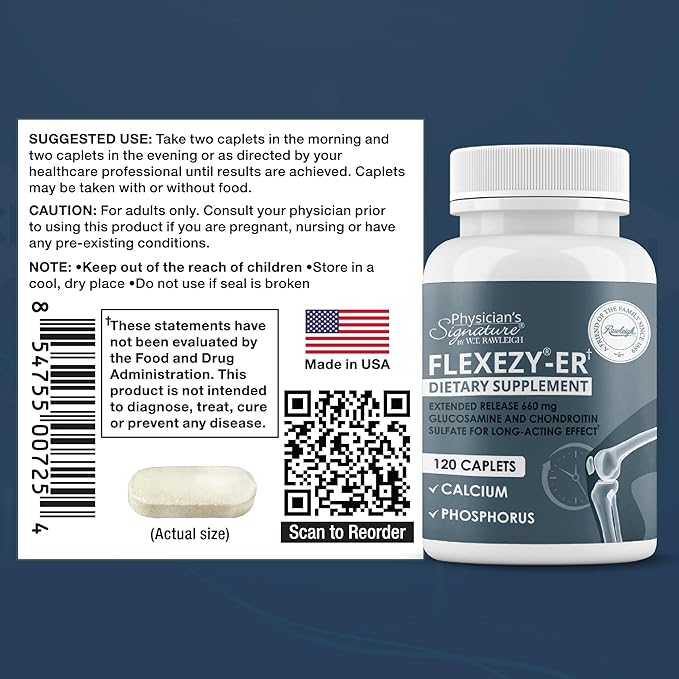 Rawleigh Flexezy-ER: 120 Caplets High Strength Glucosamine &amp Chondroitin Sulfate Blend Calcium &amp Phosphorous 24-Hour Extended Release Bone &amp Joint Health Supplement. Non-GMOGluten Fre
