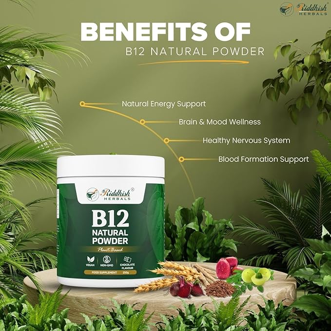 B12 Natural Powder | Plant-Based Vitamin B12 Food Supplement | Vegan &amp Non-GMO | Chocolate Flavour | 250 g