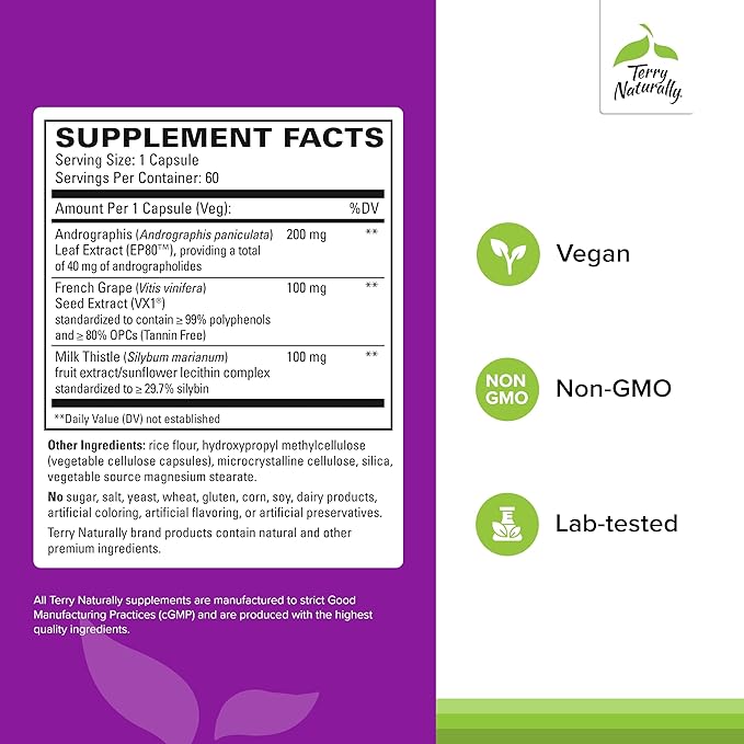 Terry Naturally Healthy Liver - Liver Function &amp Health Support Supplement - Cellular Health Support with Andrographis EP80 &amp French Grape Seed Extract - Gluten-Free Dietary Supplement - 60 Ca