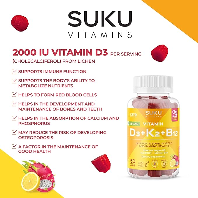 SUKU Vitamins Vegan D3 + K2 + B12 Sugar-Free &amp Sugar-Alcohol-Free Keto 2000IU Vitamin D Gummy Supplement for Healthy Bones Immune Function Healthy Metabolism Lemon Dragon Fruit Flavor (50 Gummi
