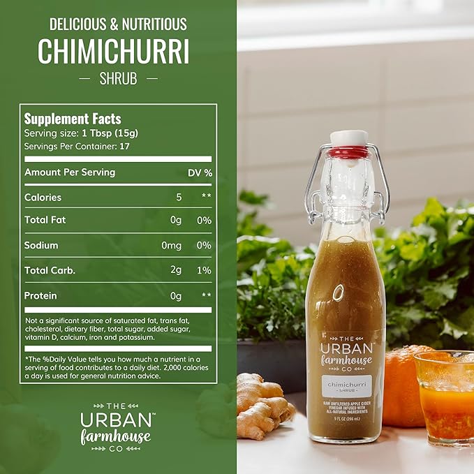 The Urban Farmhouse Co. Organic Vinegar Shrub – Chimichurri 9 oz Bottle – Small Batch Drinking Vinegar with Apple Cider Vinegar Herbs &amp Spices – Cocktail Mixer Gut Health Tonic No Sugar Added
