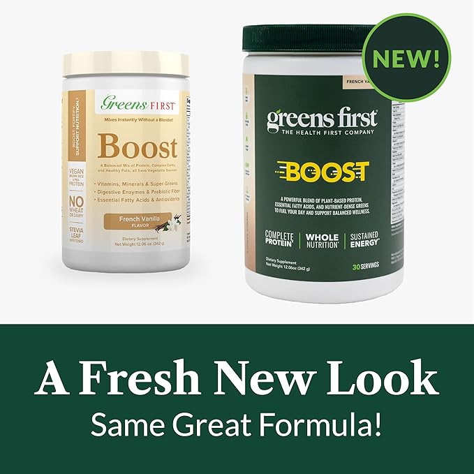 Greens First Boost - Plant-Based Protein &amp Balanced Nutrition - Superfood Shake Mix - No Wheat or Soy - Dairy-Free - Vegan - French Vanilla 12.06 oz. (Pack of 2)