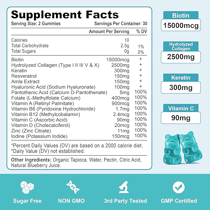 Biotin with Collagen Gummies Hair Skin and Nails Vitamins Gummies for Hair Growth Glowing Skin &amp Strong Nails - Blueberry Flavor Sugar Free 120 Count