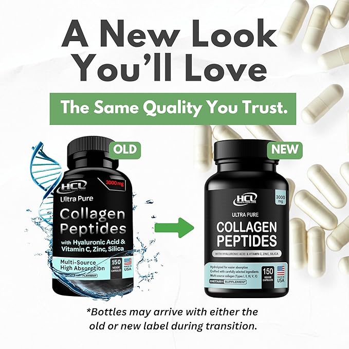 HCL HERBAL CODE LABS Collagen Peptides Powder with Vitamin C &amp Hyaluronic Acid - Cleanest Sources &amp Super High Absorption - Hydrolyzed Multi Type I II III V X - Skin Hair Supplement (Capsu