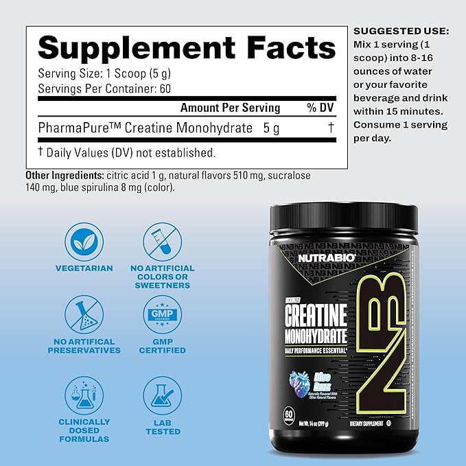 NutraBio Pure Micronized Creatine Monohydrate Powder Supplement Blue Razz (300 g) - Supports Bulk Muscle Energy Recovery and Strength - HPLC Tested Creatine Powder Supplement for Men and Women