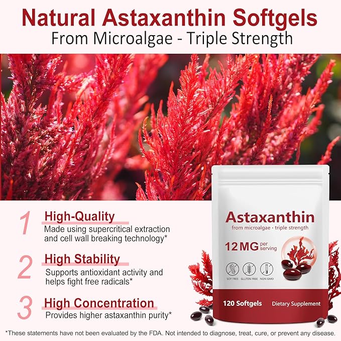 2Pack Premium Astaxanthin 12mg Natural Antioxidant Supplement for Eye Joint Skin HealthMicroalgae Source 4 Month Supply | Supports Internal Circulation 240 Softgels