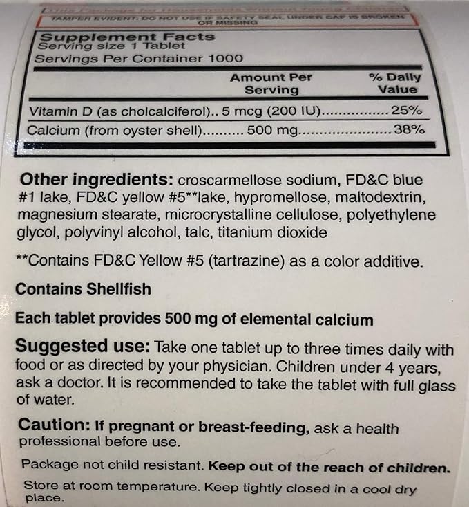Oyster Shell Calcium 500 mg + Vitamin D Supplement - 1000 Tablets