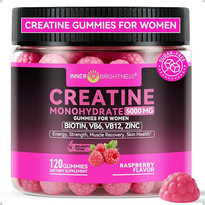 Creatine Monohydrate Gummies for Women 5000mg - 6-in-1 with Biotin Zinc B6 B12 - Sugar-Free Raspberry Creatine Chewables for Muscle Energy &amp Skin - 120 Count