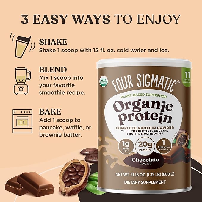 Four Sigmatic Organic Plant-Based Protein Powder | Clean Vegan Protein Elevated with Lion’s Mane Chaga Cordyceps and More for Brain Function and Immune Support | Creamy Cacao 21.16 oz
