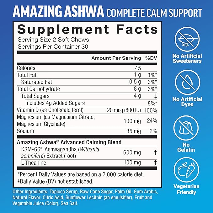 FORCE FACTOR Hair Growth Accelerator Soft Chews Lustriva &amp Biotin to Promote Thicker Stronger Fuller Hair Hair Growth Vitamins for Women + Amazing Ashwa Complete Calm with KSM-66 Ashwagandha