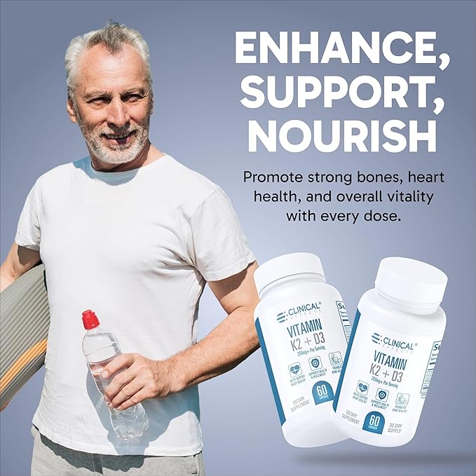 Clinical Effects Vitamin K2 + D3 - K2 + D3 Vitamin Supplement with Bioperine Black Pepper Extract and Calcium for Bone and Heart Health Support - 60 Capsules - Max Absorption - Made in The USA