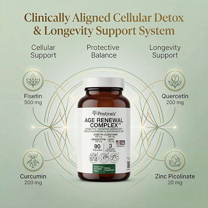 PRISTINE'S Senolytic Anti Aging &amp Autophagy Aid Age Renewal Complex - Senescent Cell Removal Support - Fisetin Quercetin Curcumin Zinc - Gluten Free Non-GMO Vegan USA Made
