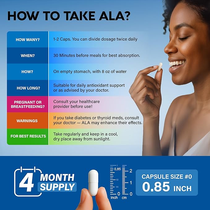 Alpha Lipoic Acid 600mg - ALA Supplement Antioxidant for Nerve Energy &amp Metabolism Support - Extra Strength with Benfotiamine B1 &amp B12 - Lab Tested NON-GMO &amp Vegan - 240 Capsules 4 Mon