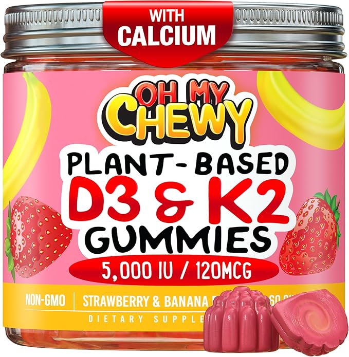 Double-Flavored Vitamin D3 K2 &amp Calcium Fluffy Gummies - Supplement for Healthy Teeth Bone &amp Energy - 5000 IU D3 120 mcg K2(MK-7) 120 mg CA - Vegan &amp Non-GMO - 60 Count