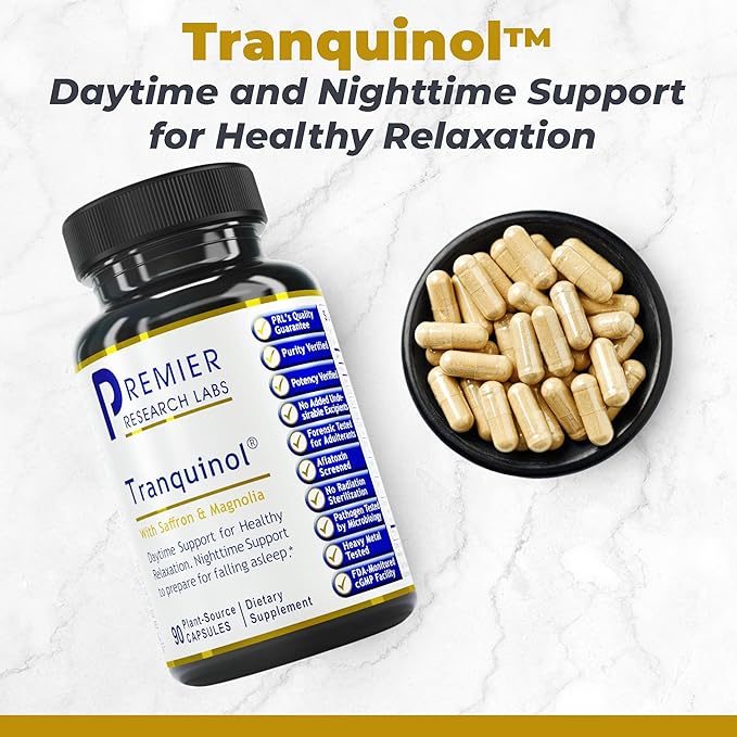 Premier Research Labs Tranquinol - Natural Sleep Aid Supplement for Deep Sleep Support and Calm Mind | Magnesium Turmeric Lemon Balm &amp Saffron Extract - Pure Vegan - 90 Plant-Source Capsules