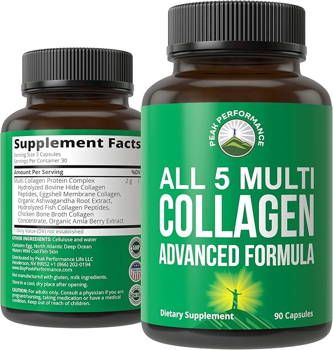 Peak Performance All 5 Multi-Collagen Capsules - 90 Pills of Grass Fed Peptides Protein - Supplement with All 5 Collagen Types I II IIIV X from Beef Fish Eggshell and Chicken Bone Broth