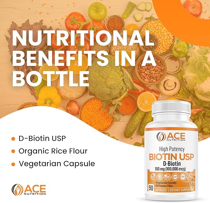 High Potency Biotin USP (D-Biotin 100000mcg) - Superior Biotin Organic Rice Flour Vegetarian Capsules For Hair Skin &amp Myelin Health Made in the USA (100mg/90 Capsules)