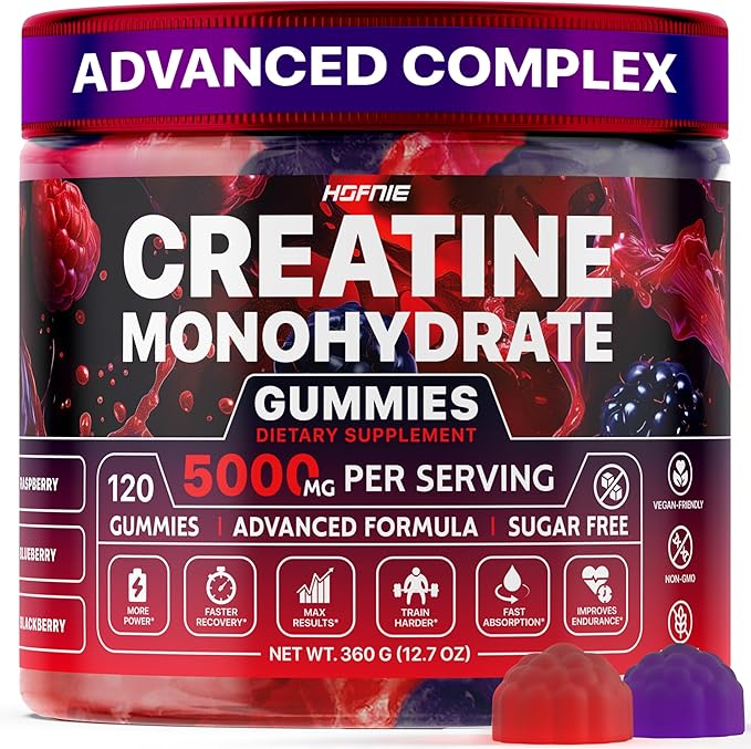 Creatine Monohydrate Gummies 5000 mg – Vegan Sugar-Free Pre Workout Creatine for Men &amp Women – Raspberry &amp BlackBerry Flavored Chewable Creatine Monohydrate 120 Gummies (30-Day Supply)