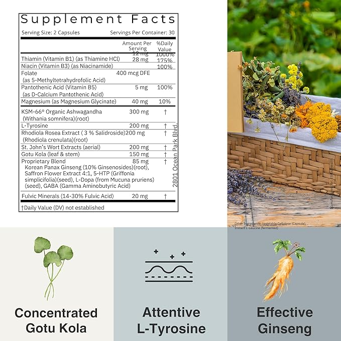 Mood Support Vegan Capsules – Organic KSM‑66 Ashwagandha St John’s Wort Rhodiola Saffron Panax Ginseng &amp L‑Tyrosine – Natural Emotional Balance Energy &amp Focus – 60ct