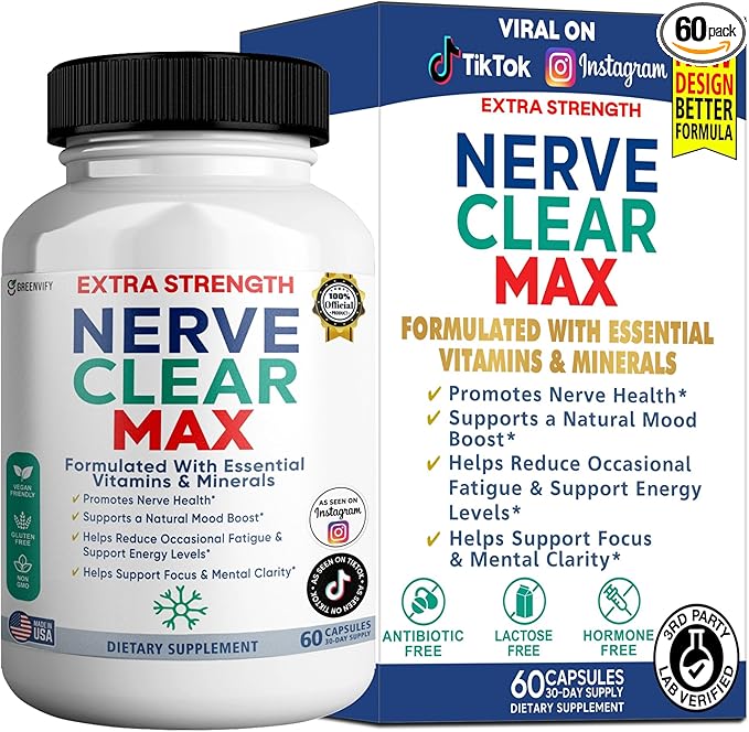 Nerve Clear Max Extra Strength Essential Vitamins &amp Minerals Nerve Health Support 60 Capsules 30-Day Supply (1)